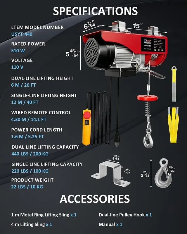 Таль Electric Hoist 440 lbs Electric Winch with 14.1ft Remote Control 110V Elect