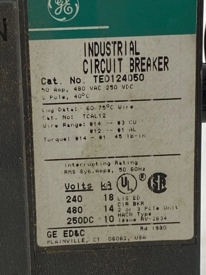 Автоматический выключатель GE TED124050WL 2P 1PH 50A 480V Circuit Breaker