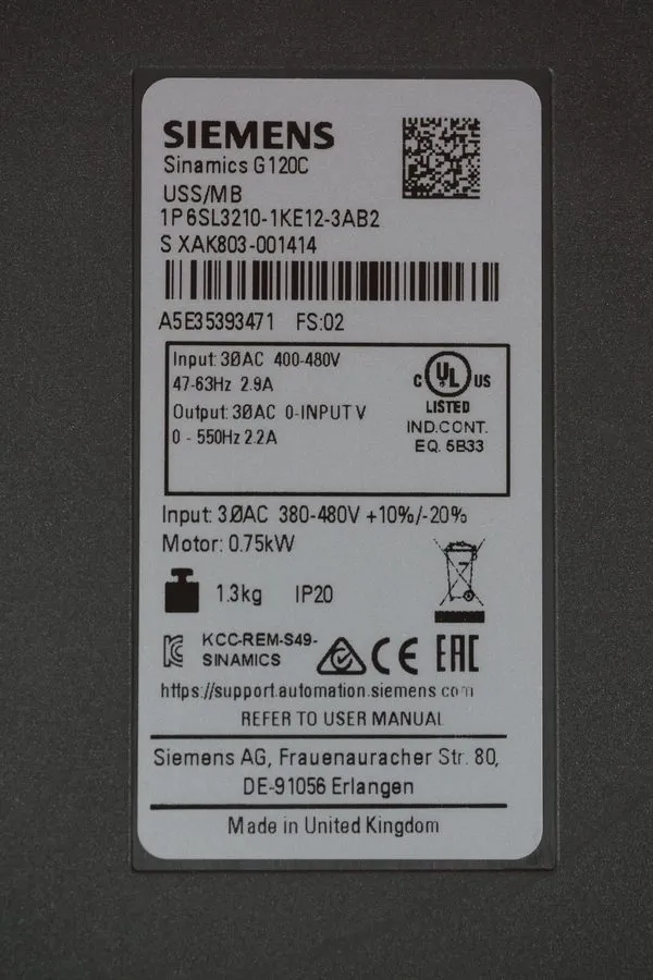 Частотный преобразователь Siemens 6SL3210-1KE12-3AB2 SINAMICS G120C VFD 0.75kW 3 — фото лота 1