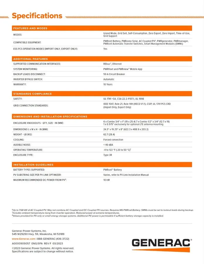Инвертор Generac XVT076A03 PWRCell 7.6kW 1Ph Solar Inverter w/ CTs 7.6 KW 120/24