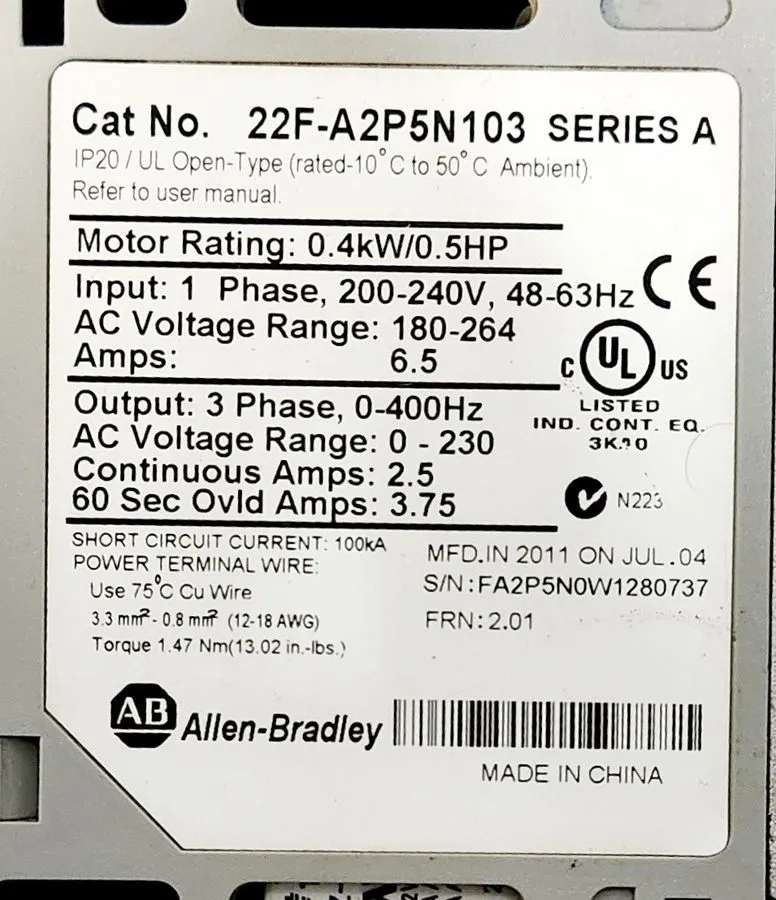 Частотный преобразователь Allen Bradley PowerFlex 4M 22F-A2P5N103 Inverter Drive