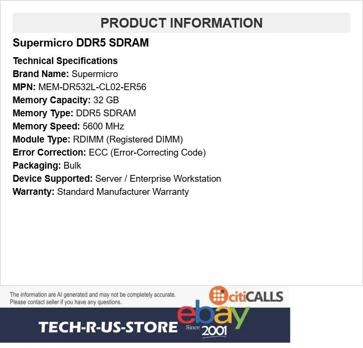 Модуль памяти Supermicro MEM-DR532L-CL02-ER56 32GB DDR5 5600MHz ECC Registered S — фото лота 1