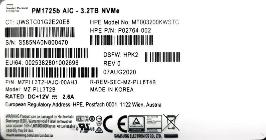 SSD-накопитель P06726-B21 HPE 3.2TB PCI E x4 NVMe MU U.2 SSD P02764-002 W/ Long 