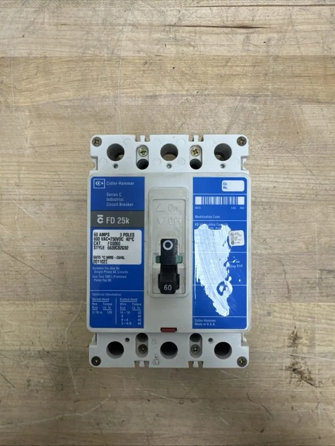 Автоматический выключатель EATON CUTLER HAMMER FD3060 60 AMP 600 VOLT CIRCUIT BR