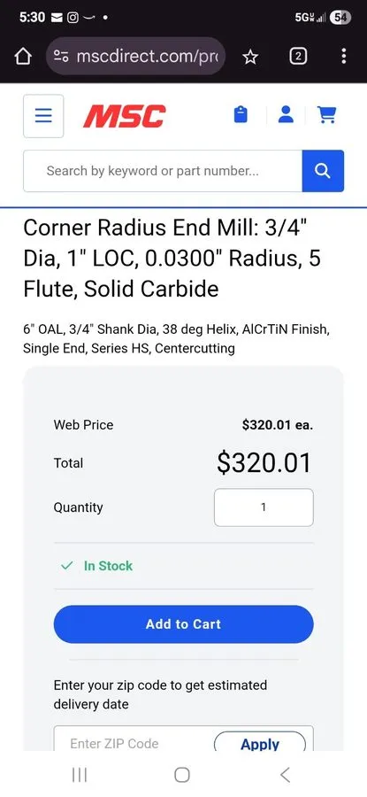 Режущий инструмент Accupro 42514711 3/4" Solid Carbide 0.03" Corner Radius End M — фото лота 1