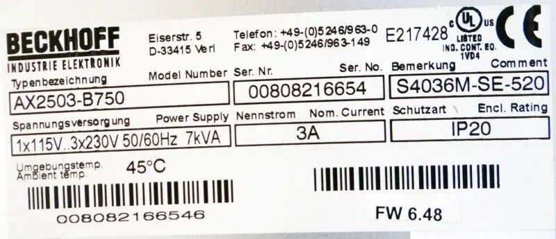 Сервопривод Beckhoff AX2503-B750 S4036M-SE-520