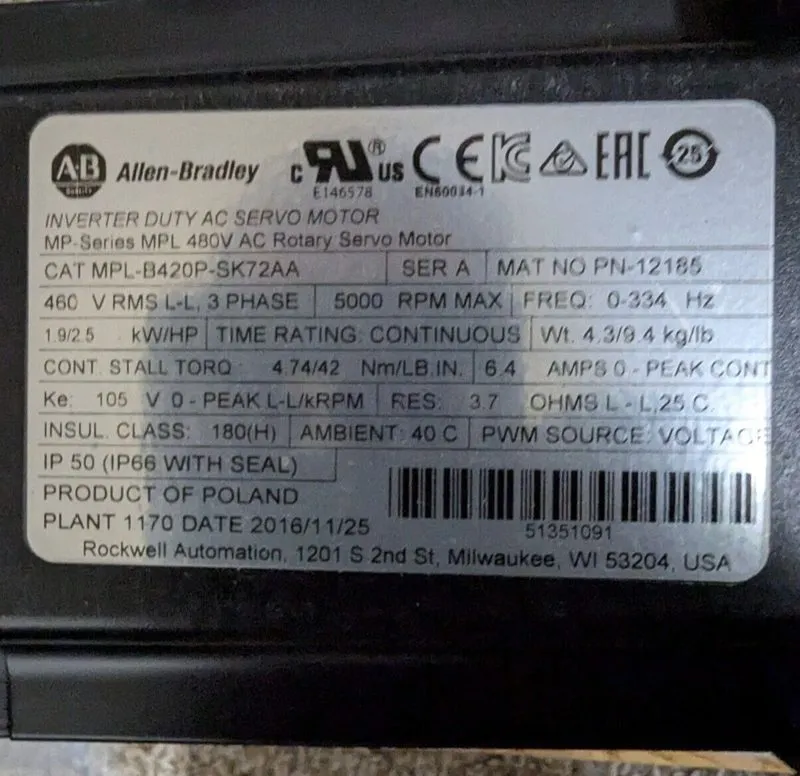 Серводвигатель Allen-Bradley Servo Motor MPL-B420P-SK72AA 2 kW 6000 RPM — фото лота 2