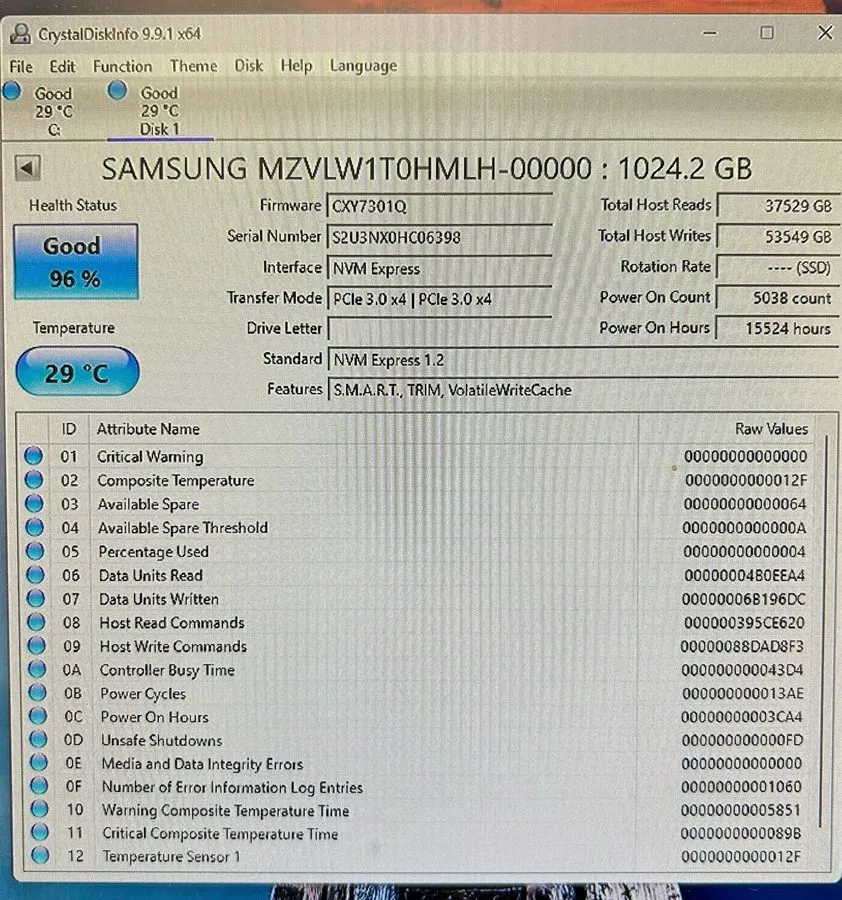 SSD-накопитель Samsung PM961 1TB NVMe M.2 2280 PCIe SSD MZ-VLW1T00 96% Health — фото лота 1