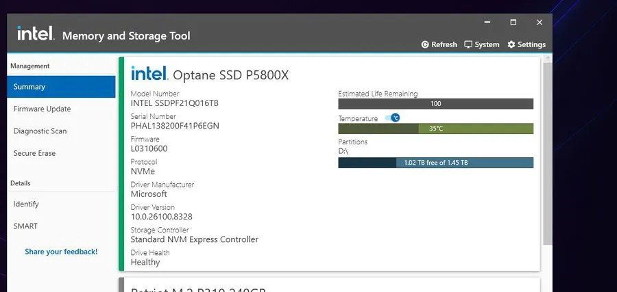 SSD-накопитель Intel Optane P5800x 1.6TB SSD U.2 PCIE NVME SSDPF21Q016TB01 97-10
