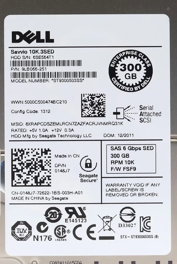 Сервер Dell 300GB SAS 2.5 Inch 10K ST9300603SS Server Hard Disk D/PN: 0T871K — фото лота 1