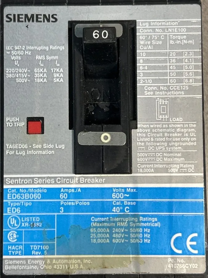 Автоматический выключатель Siemens ED63B060 60A 3-Pole 551-600V AC Sentron Serie