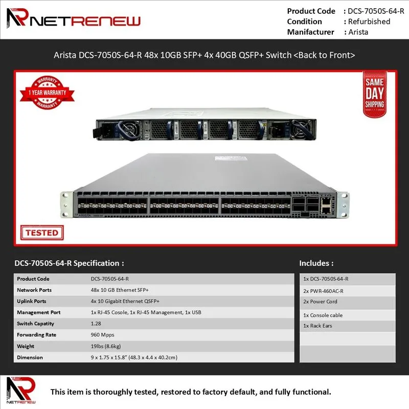 Коммутатор Arista DCS-7050S-64-R 48 Port 10Gbe SFP+ 4x QSFP+ Switch w/2x AC