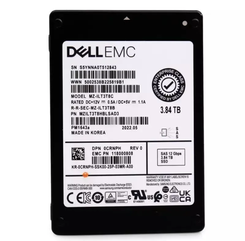 SSD-накопитель CRNPH DELL 3.84TB Samsung PM1643a SAS 12GBPS RI 2.5" SSD MZ-ILT3T