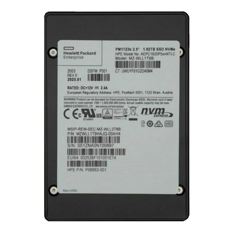 SSD-накопитель Samsung PM1723b 1.92TB HPE SSD U.2 NVME MZ-WLL1T9B MZWLL1T9HAJQ-0