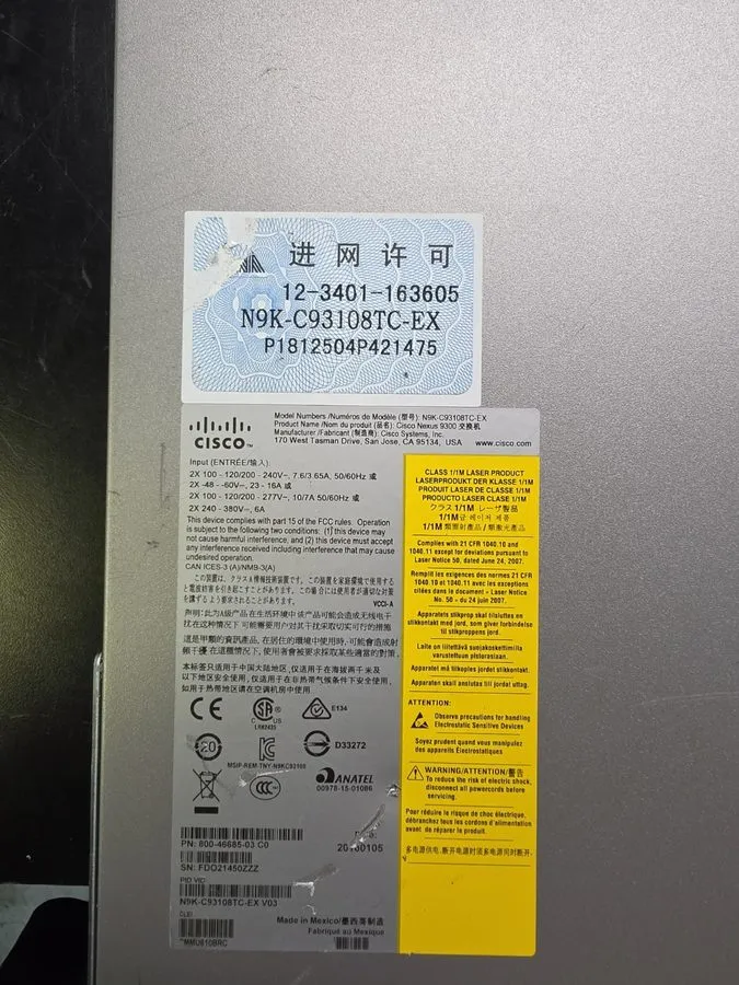 Трансивер Cisco N9K-C93108TC-EX 9000 48-Port 10GBase-T 6-Port 100G QSFP28 2 AC