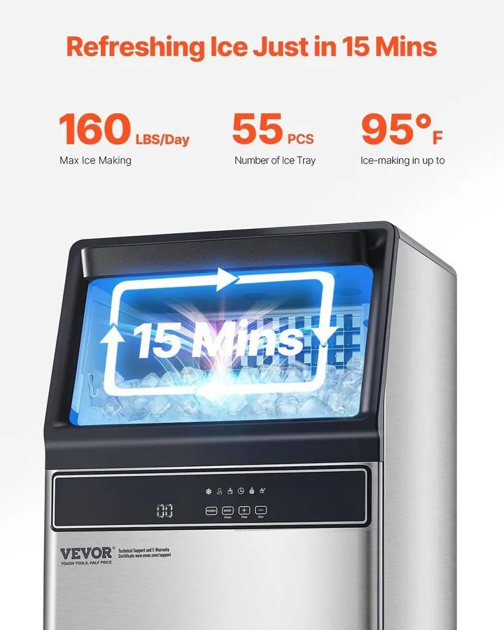 Льдогенератор 160lb/24h Ice Machine 55 Ice Cubes in 15 Minutes 33lb Capacity LED