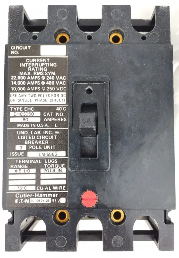 Автоматический выключатель Eaton Cutler Hammer EHC3060, 60 Amp, 480V, EHC 3 Pole — фото лота 1