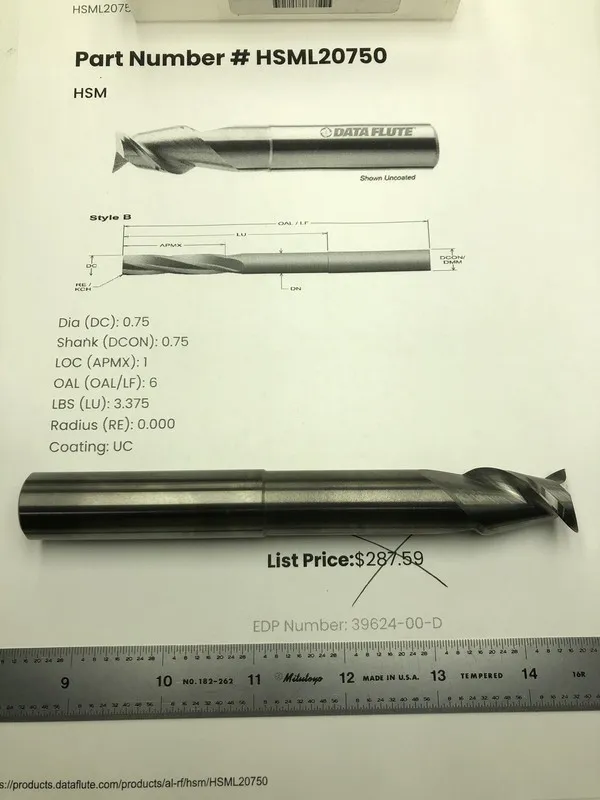 Режущий инструмент Data Flute HSML20750 Solid Carbide End Mill 3/4" x 1" x 6" 2F