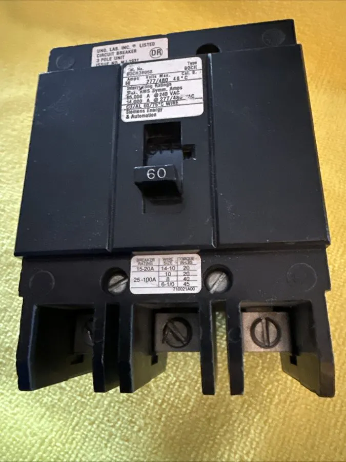 Автоматический выключатель Siemens BQCH3B060 Bolt-On Circuit Breaker 3 Pole 60 A — фото лота 2