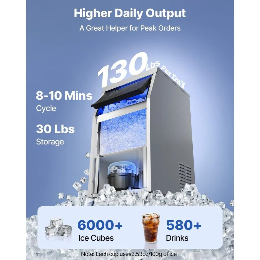 Льдогенератор 130LB/24H Commercial Ice Maker w/ Pump 30LB Bin Self Clean Stainle