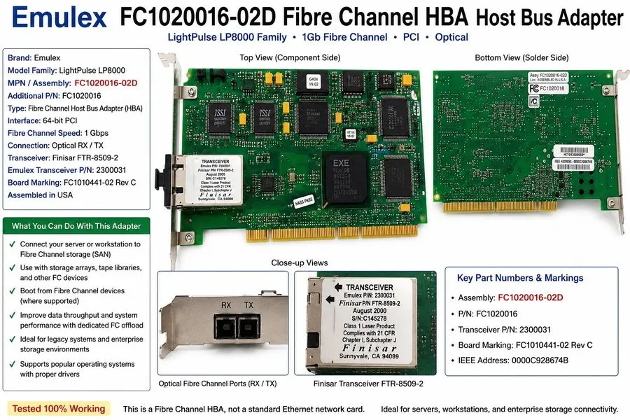 Контроллер Emulex FC1020016-02D PCI Fibre Channel HBA Host Bus Adapter Optical F — фото лота 2