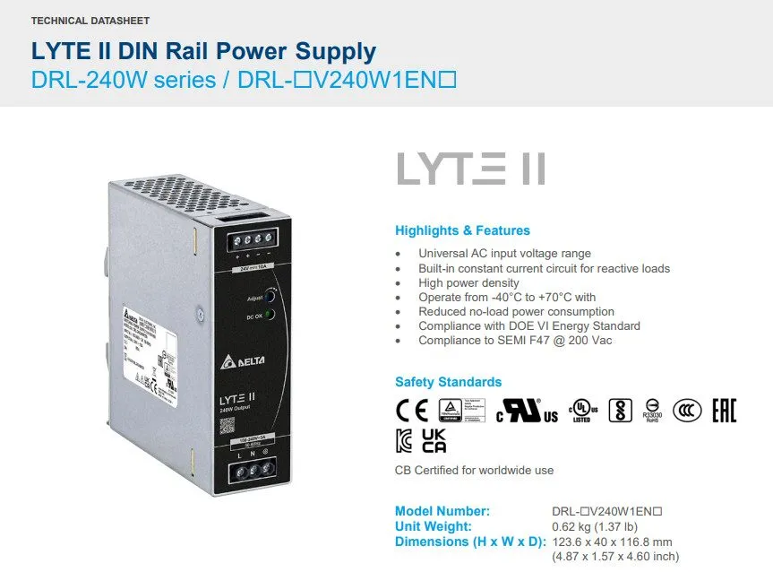 Блок питания Delta DRL-24V240W1ENA LYTE II 240W 24V 10A DIN Rail Power Supply Co — фото лота 1