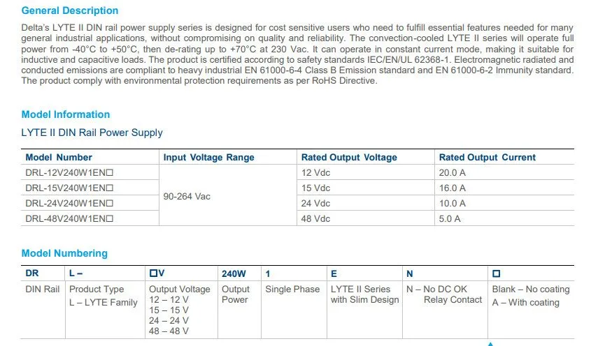 Блок питания Delta DRL-24V240W1ENA LYTE II 240W 24V 10A DIN Rail Power Supply Co — фото лота 2