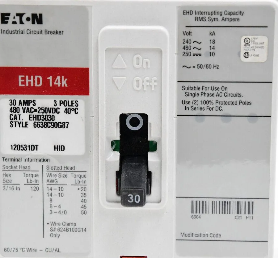 Автоматический выключатель Take Out EATON EHD3030 3 Pole 30 AMP 14kA@480v EHD14k
