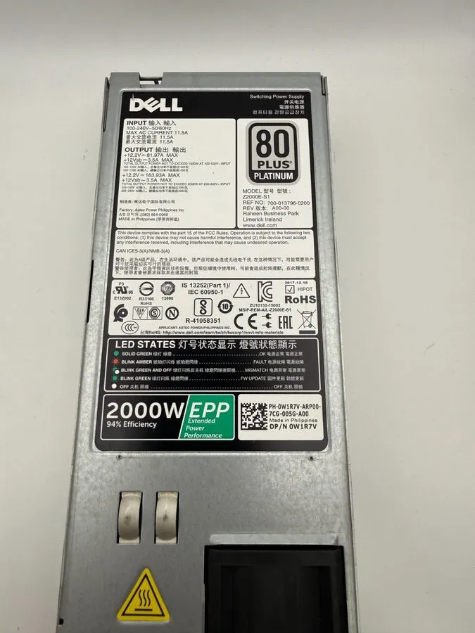 Блок питания Dell Poweredge 2000W Hot Plug Power Supply 80 Plus W1R7V — фото лота 1