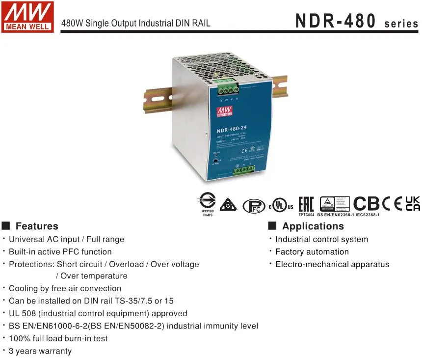Блок питания MDR-60-48 MEANWELL 60W 48VDC 1.25A 115/230VAC Industrial DIN Rail P