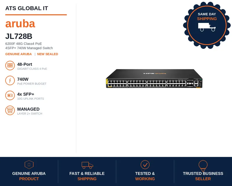 Коммутатор Aruba JL728B 6200F 48G Class4 PoE 4SFP+ 740W Managed Switch