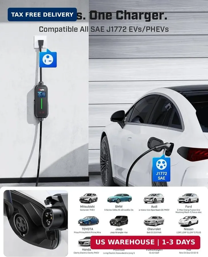 Аккумулятор 2026 Upgraded Level 1&2 Portable EV Charger, 8-16Amp Adjustable Curr