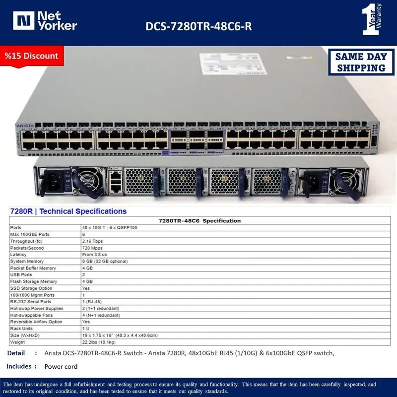 Коммутатор Arista DCS-7280TR-48C6-R 48x 10GbE RJ45 6x 100GbE QSFP28 Ports Switch — фото лота 1
