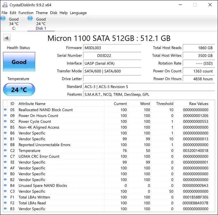 SSD-накопитель Micron MTFDDAK512TBN 2.5 inch SATA SSD 512GB Japan