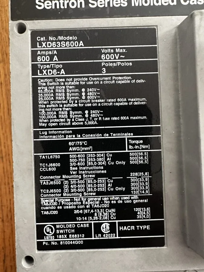 Автоматический выключатель SIEMENS SENTRON BREAKER LXD63S600A 600A 600 A AMP 600