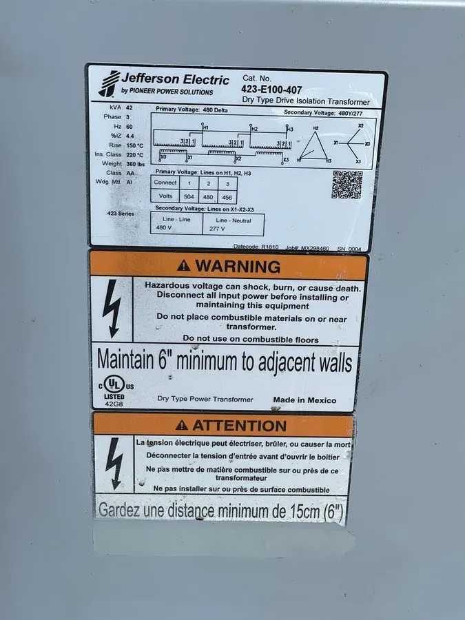 Трансформатор Jefferson 42KVA Isolation Transformer 480-480/277 Volt 3 Phase 423