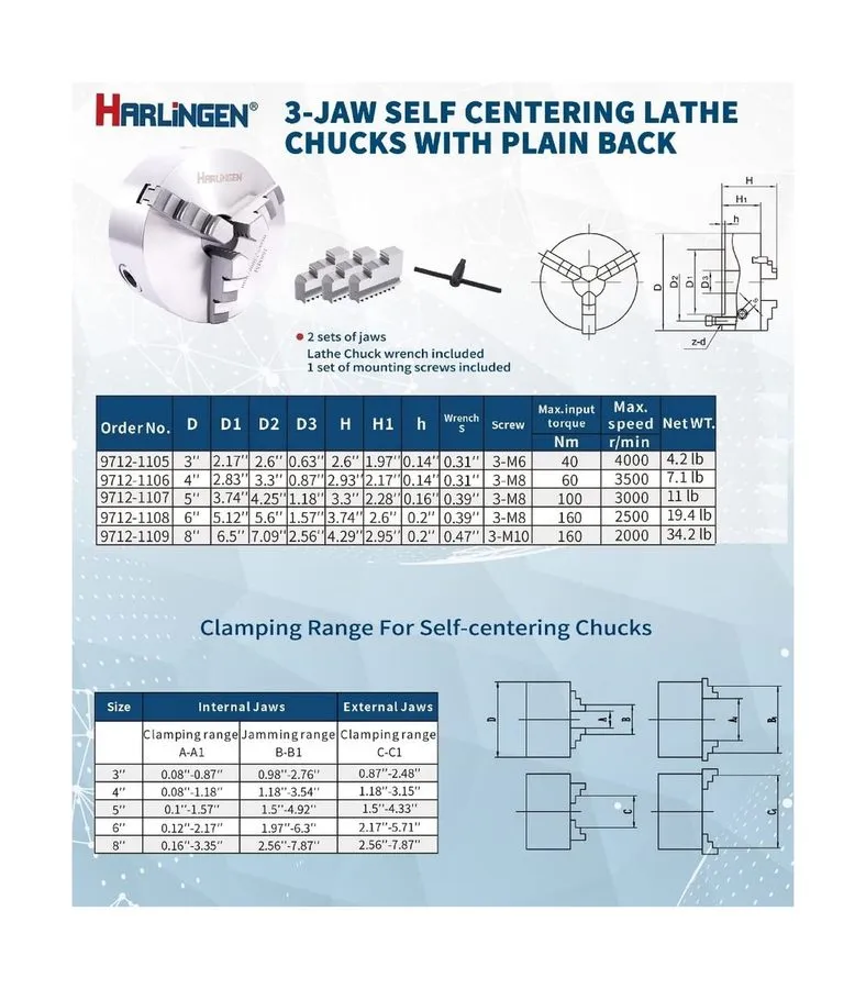 Режущий инструмент HARLINGEN 5" 3-JAW LATHE CHUCK PLAIN BACK (9712-1107) — фото лота 2