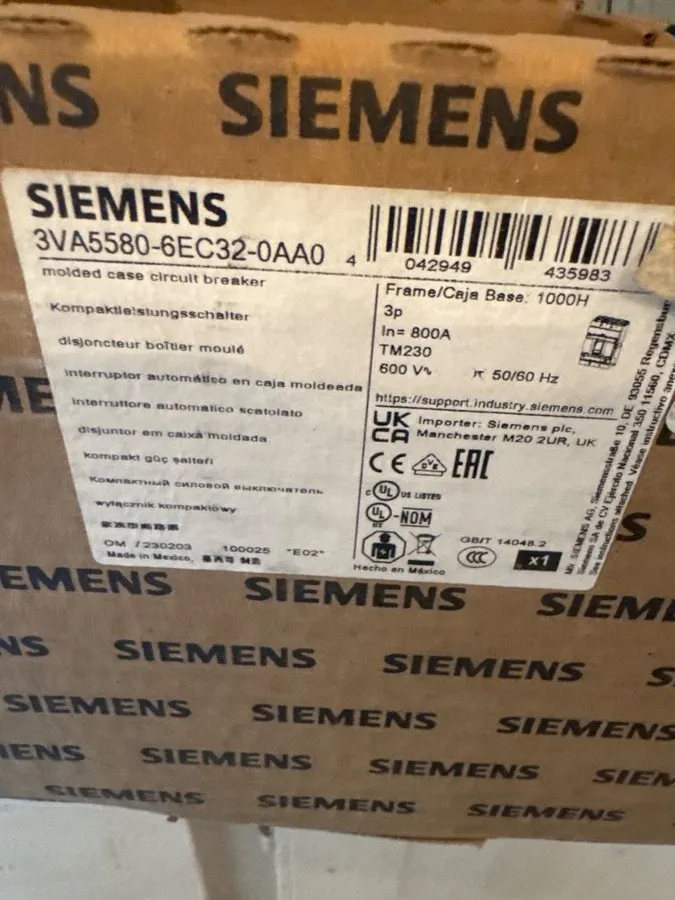 Автоматический выключатель Siemens Breaker 3VA5580-6EC32-0AA0 3 POLE 800 AMP 3VA