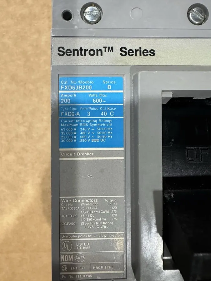 Автоматический выключатель Siemens Sentron FXD63B250 Ser FXD6-A 250 Amp 600 VAC 