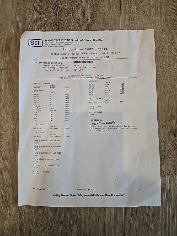 Реле защиты SEL SEL-2BFR 2BFR00-4556XHNB BREAKER FAILURE RELAY AND MONITOR T1954