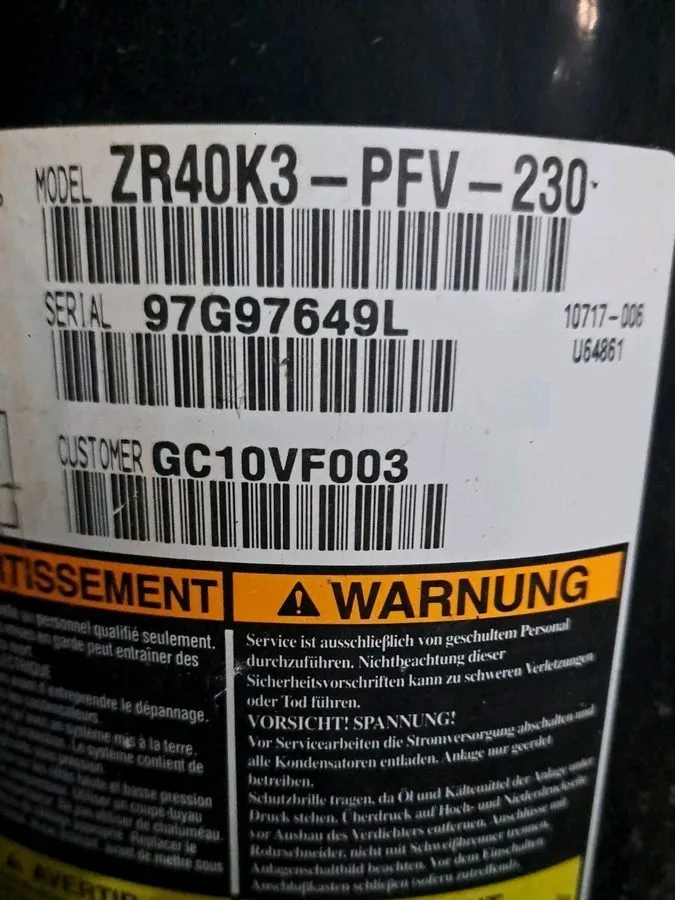Компрессор ZR40K3-PFV-230 / 3 1/2 Ton copeland scroll R22 compressor (S18PR1T2)