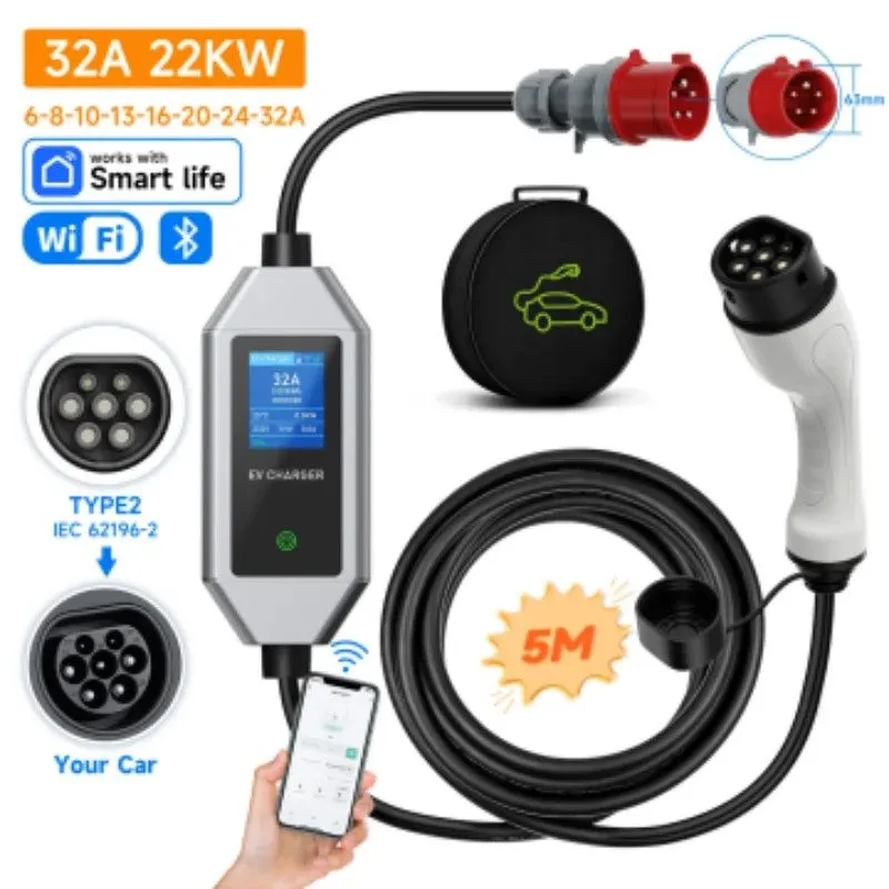 Аккумулятор Type 2 Portable EV Charger 22KW 32A 3Phase Wallbox IEC62196-2 EVSE F