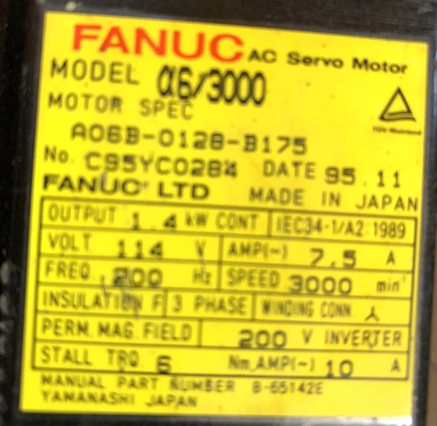 Серводвигатель Fanuc AC Servo Motor A06B-0128-B175, Output 1.4kw — фото лота 1