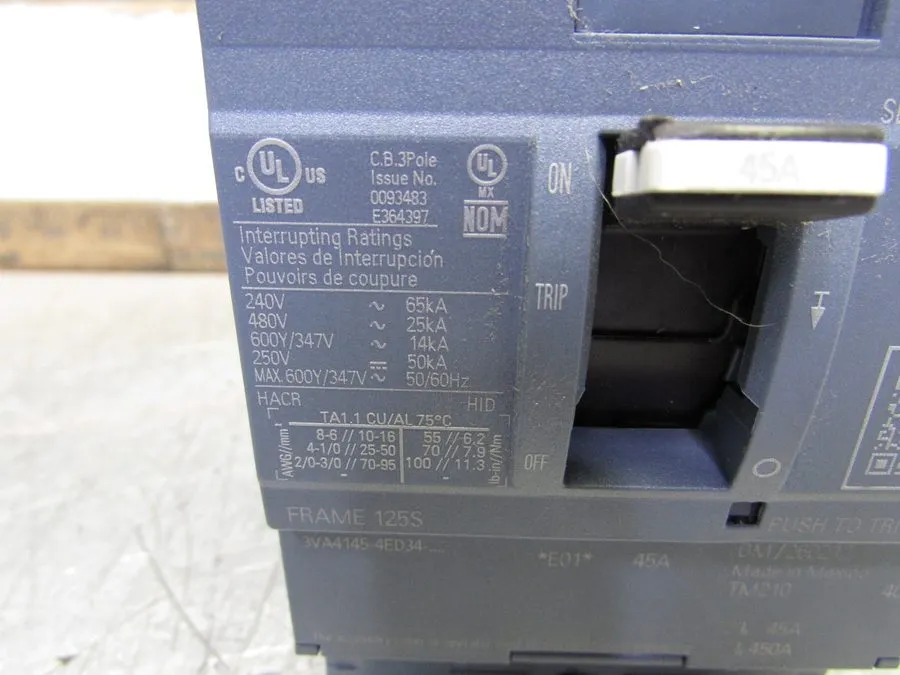 Автоматический выключатель SIEMENS BREAKER CAT: 3VA4145-4ED34-0AA0 45A 600V 3PH  — фото лота 2