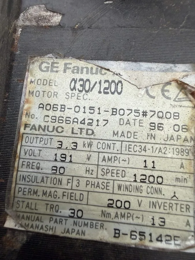 Серводвигатель GE FANUC a30/1200 AC SERVO MOTOR A06B-0151-B075#7008. 3.3kW, 191V — фото лота 2