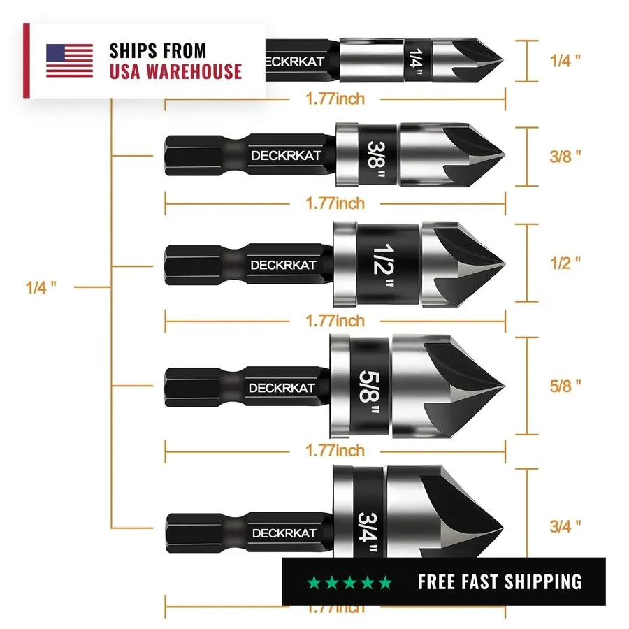 Режущий инструмент Countersink Drill Bit Set, 82 Degree, 5Flute with 1/4” Quick  — фото лота 1