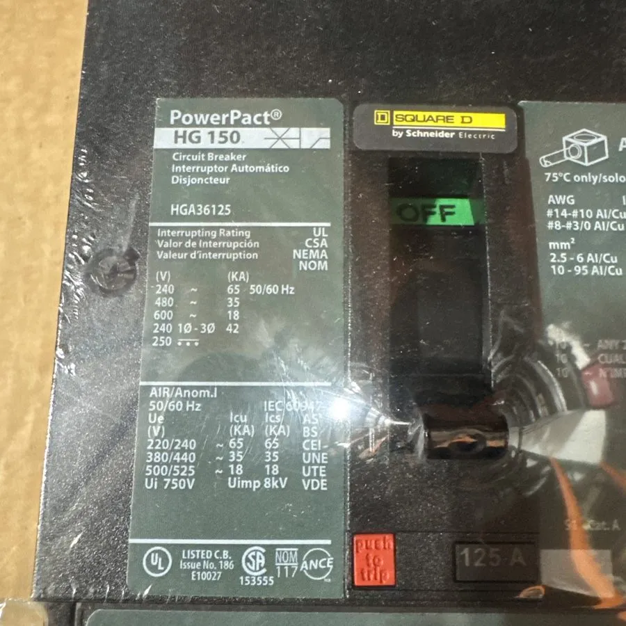 Автоматический выключатель SQUARE D HGA36125 HGA I-LINE 3 POLE 125 AMP 480v POWE