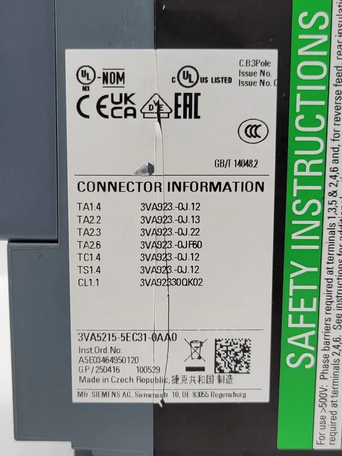 Автоматический выключатель Siemens 3VA5215-5EC31-0AA0 150 Amp 600 VAC 3 Pole Cir