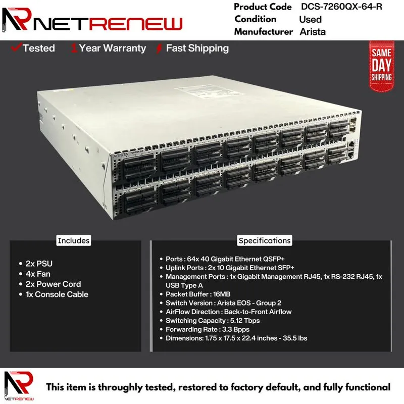 Коммутатор Arista DCS-7260QX-64-R 40GbE QSFP+ 64‑Port 2x SFP+ Network Ethernet S
