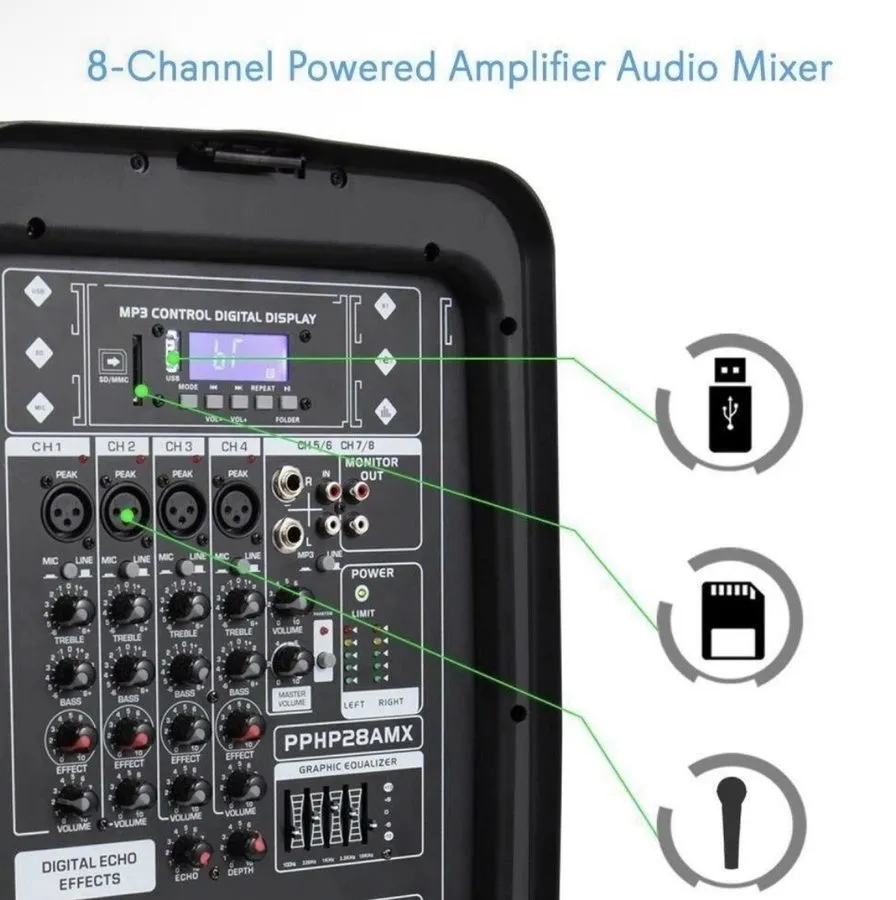 Акустическая система Pyle PPHP28AMX PA Speaker System w/ Mixer & Tripod Stands,  — фото лота 2